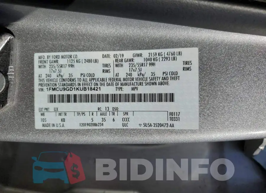 1FMCU9GD1KUB18421 Photo# 13