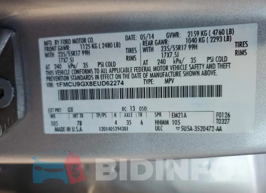 1FMCU9GX8EUD62274 Photo# 12