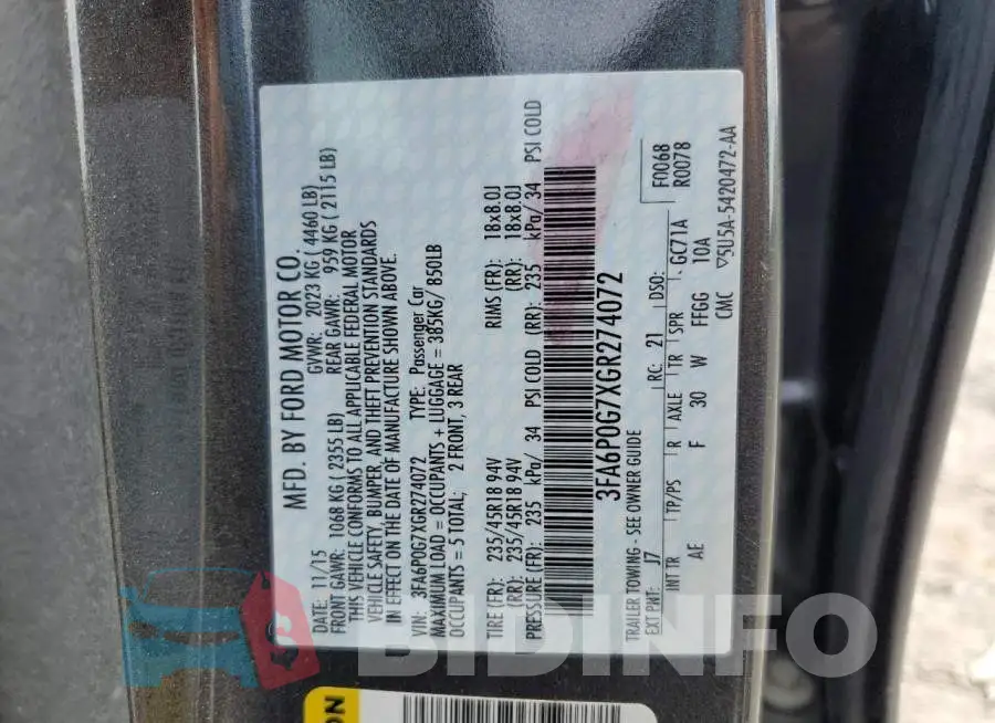 3FA6P0G7XGR274072 Photo# 12