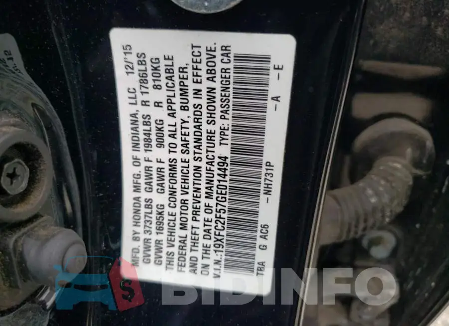 19XFC2F57GE014494 Photo# 12