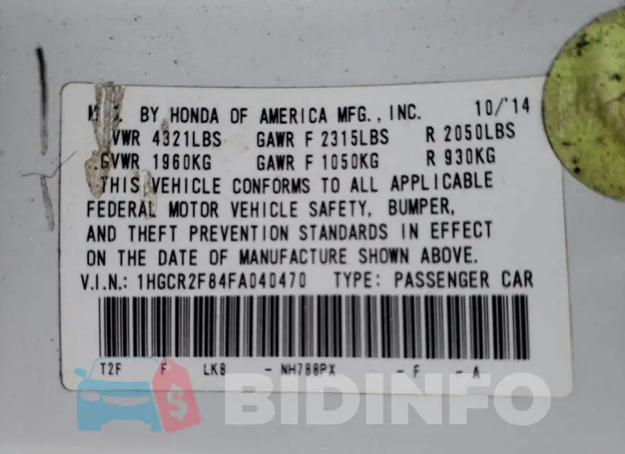 1HGCR2F84FA040470 Photo# 12