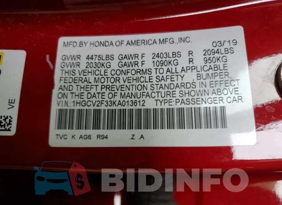 1HGCV2F33KA013612 Photo# 12