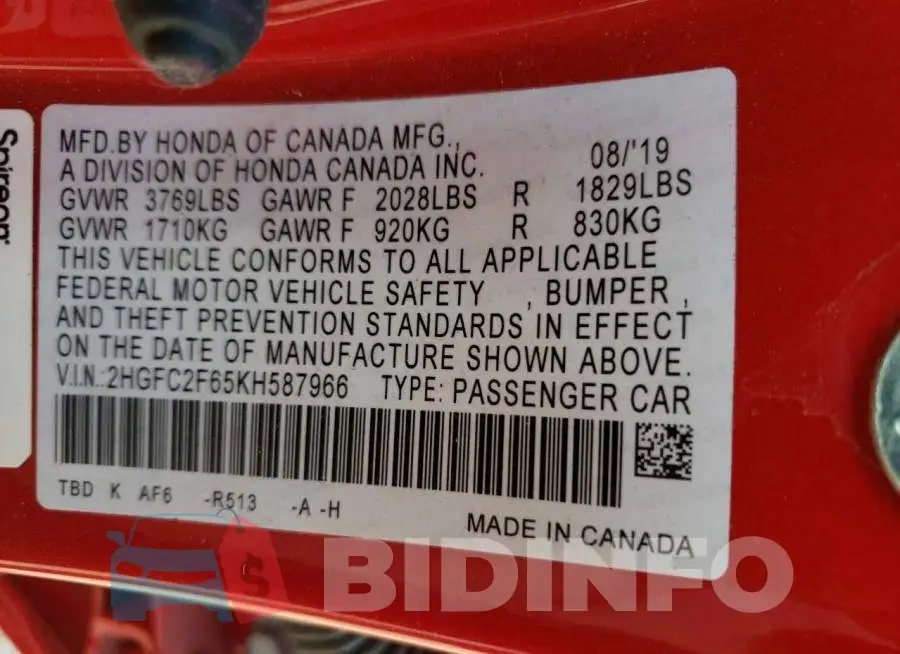 2HGFC2F65KH587966 Photo# 12