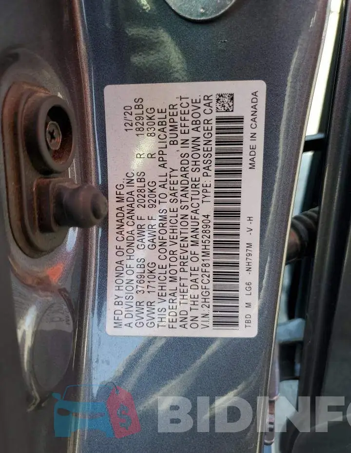 2HGFC2F81MH528904 Photo# 12