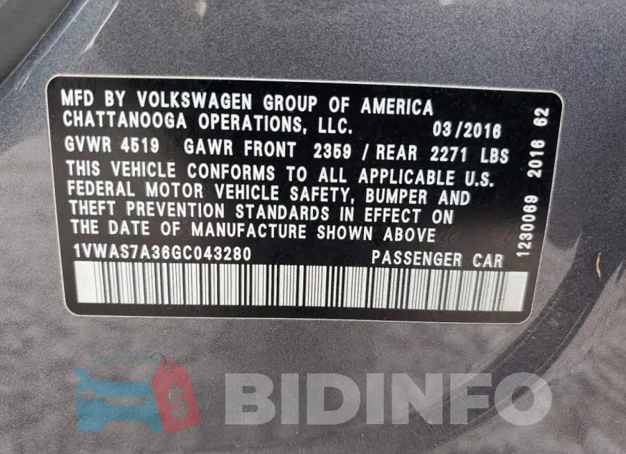 1VWAS7A36GC043280 Photo# 12