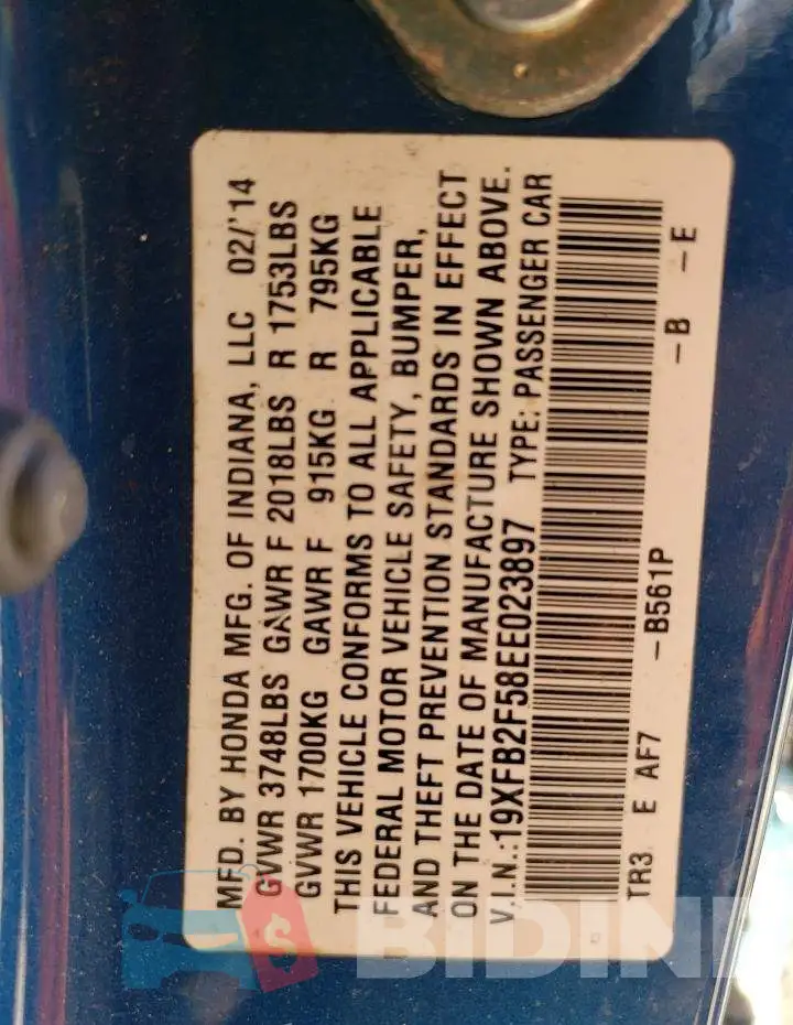 19XFB2F58EE023897 Photo# 12