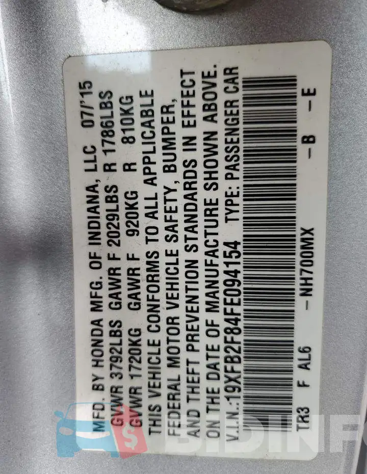 19XFB2F84FE094154 Photo# 12