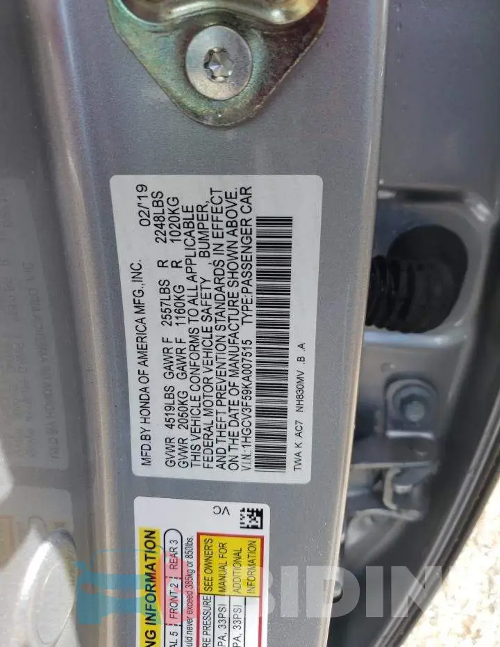 1HGCV3F59KA007515 Photo# 12