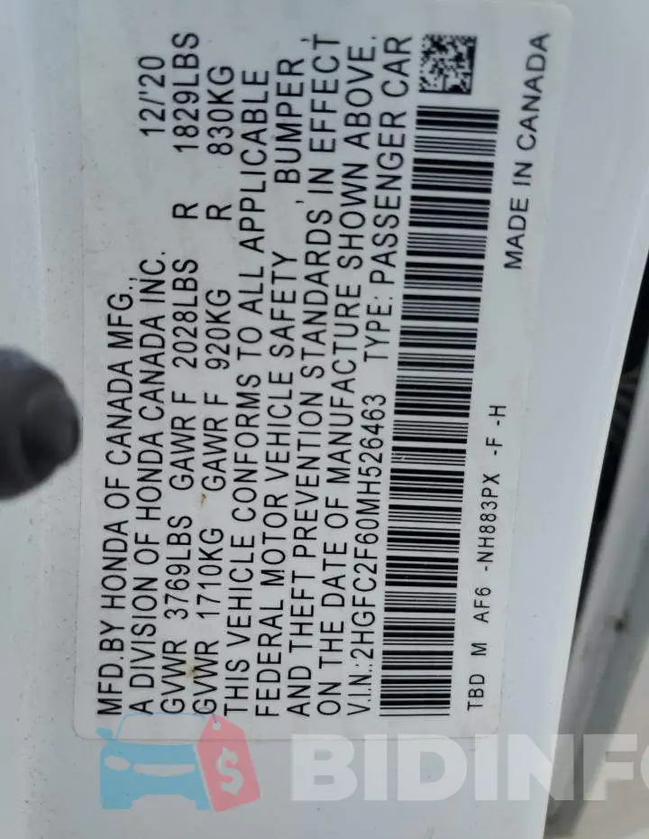 2HGFC2F60MH526463 Photo# 12