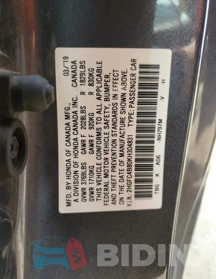 2HGFC4B80KH304831 Photo# 13