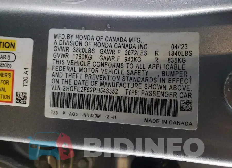 2HGFE2F52PH543352 Photo# 12