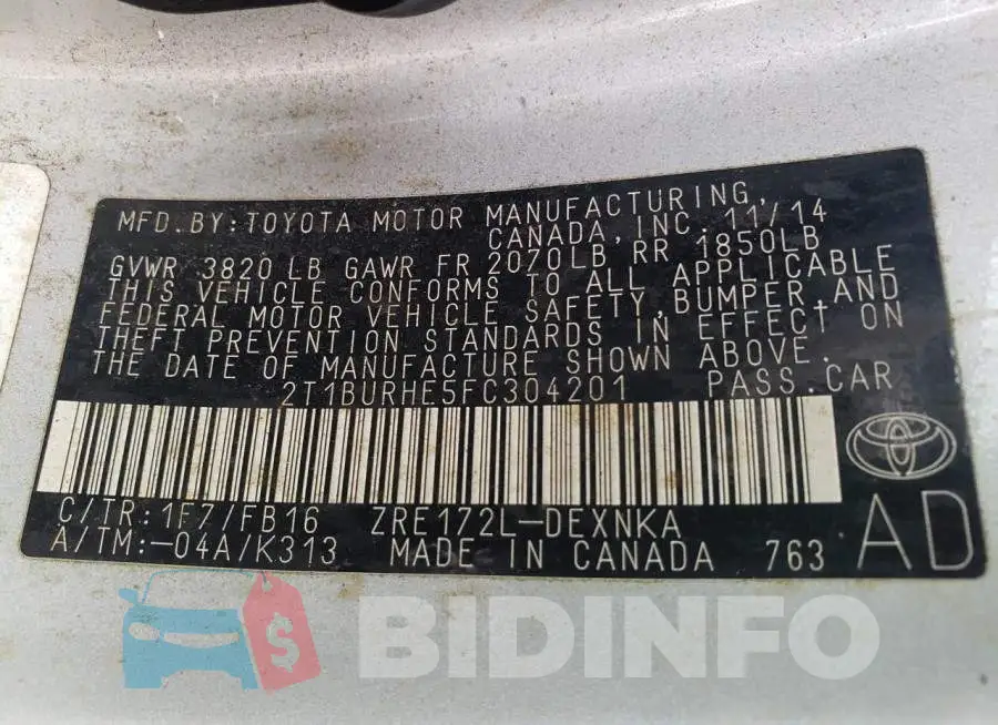 2T1BURHE5FC304201 Photo# 12