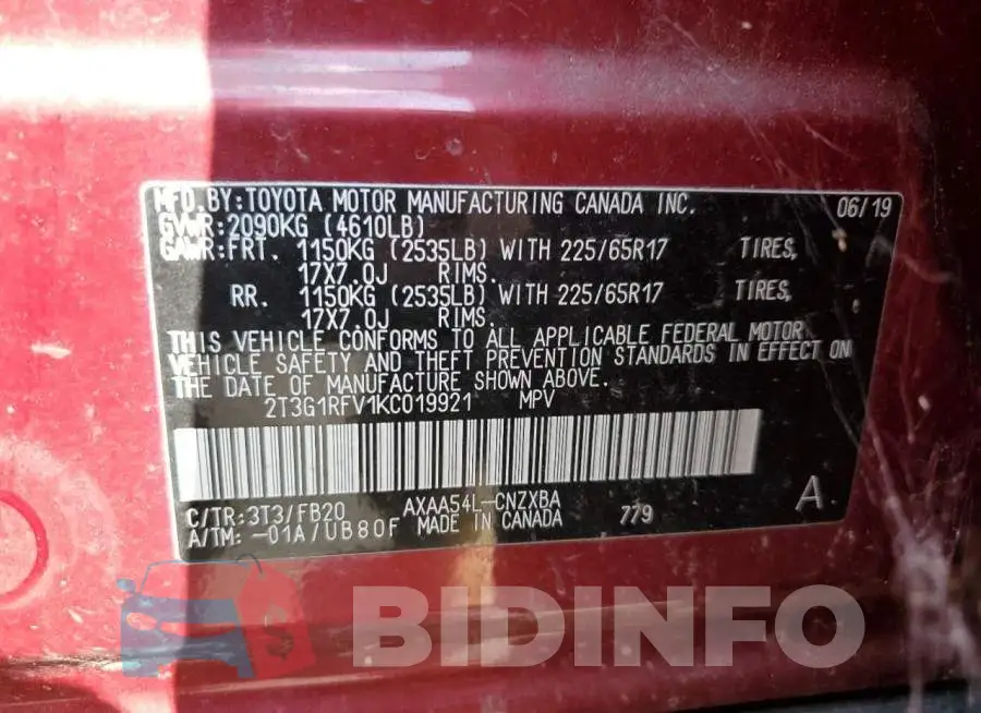 2T3G1RFV1KC019921 Photo# 13