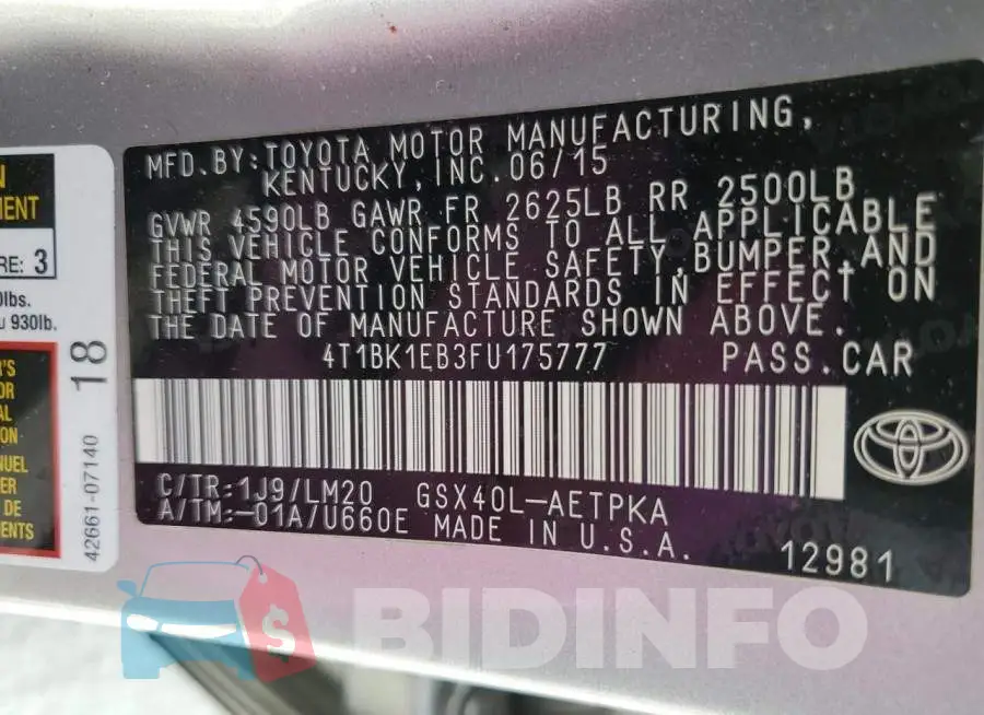 4T1BK1EB3FU175777 Photo# 12