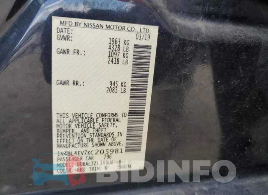 1N4BL4EV7KC205981 Photo# 12