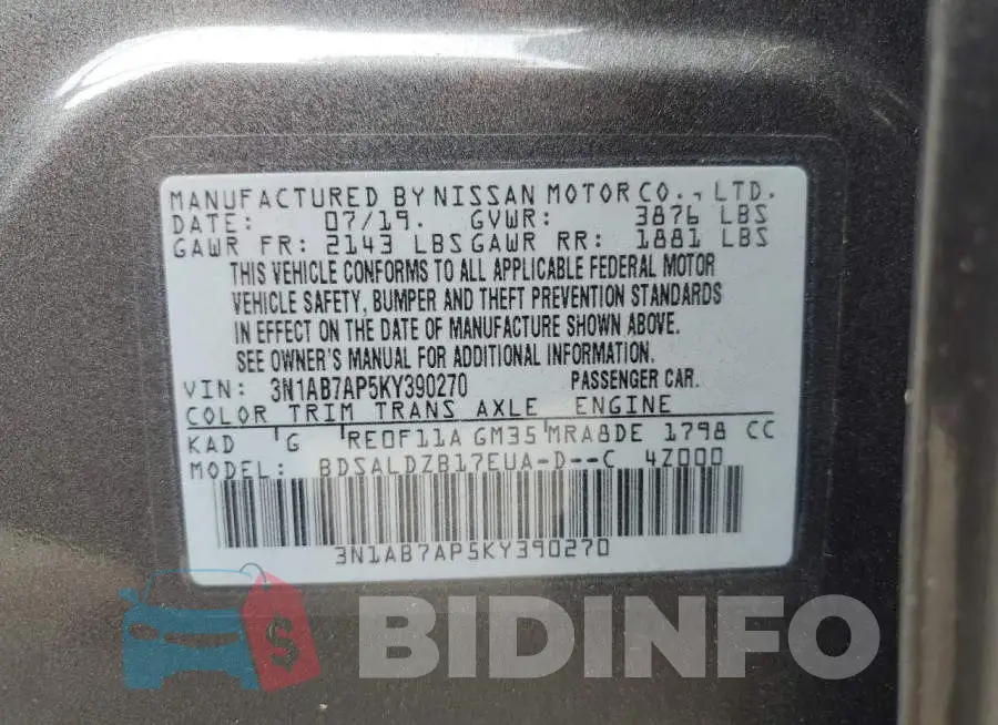 3N1AB7AP5KY390270 Photo# 13