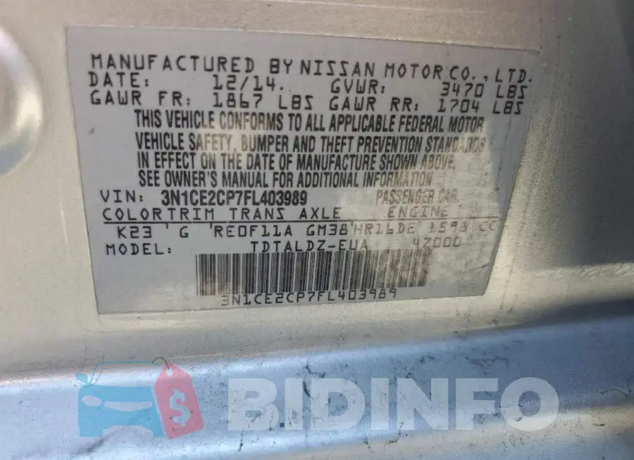 3N1CE2CP7FL403989 Photo# 12