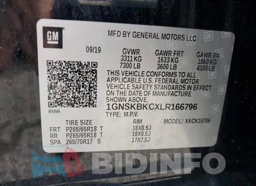 1GNSKBKCXLR166796 Photo# 13