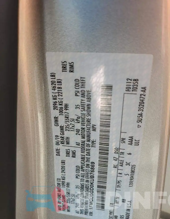 1FMCU0GD0KUB76869 Photo# 13