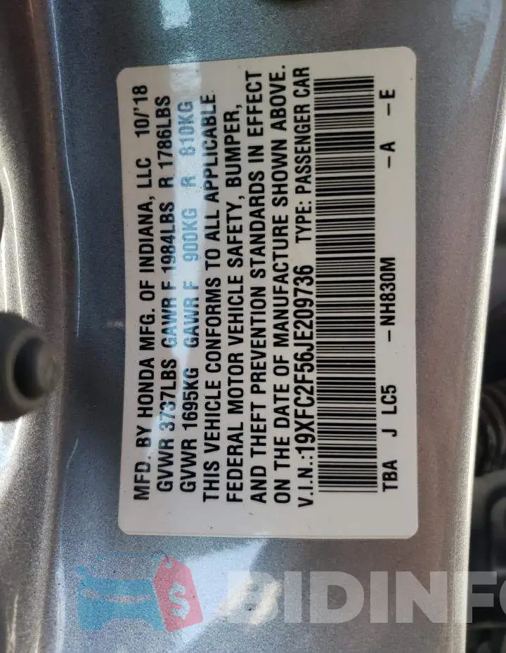 19XFC2F56JE209736 Photo# 12