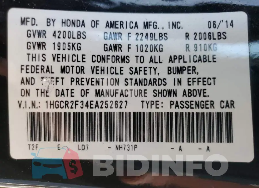 1HGCR2F34EA252627 Photo# 13