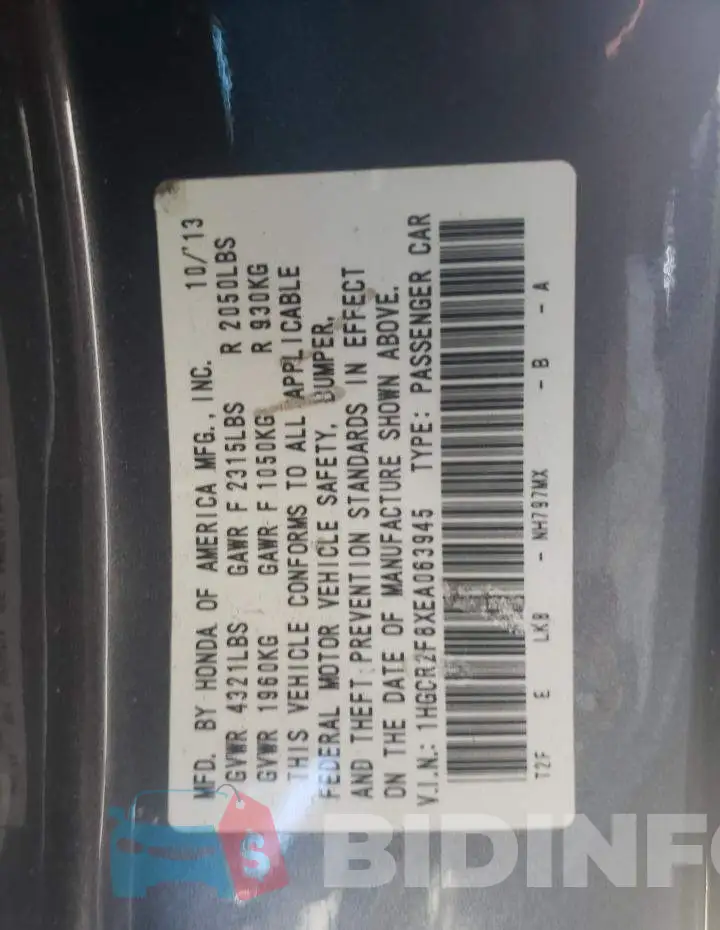 1HGCR2F8XEA063945 Photo# 12