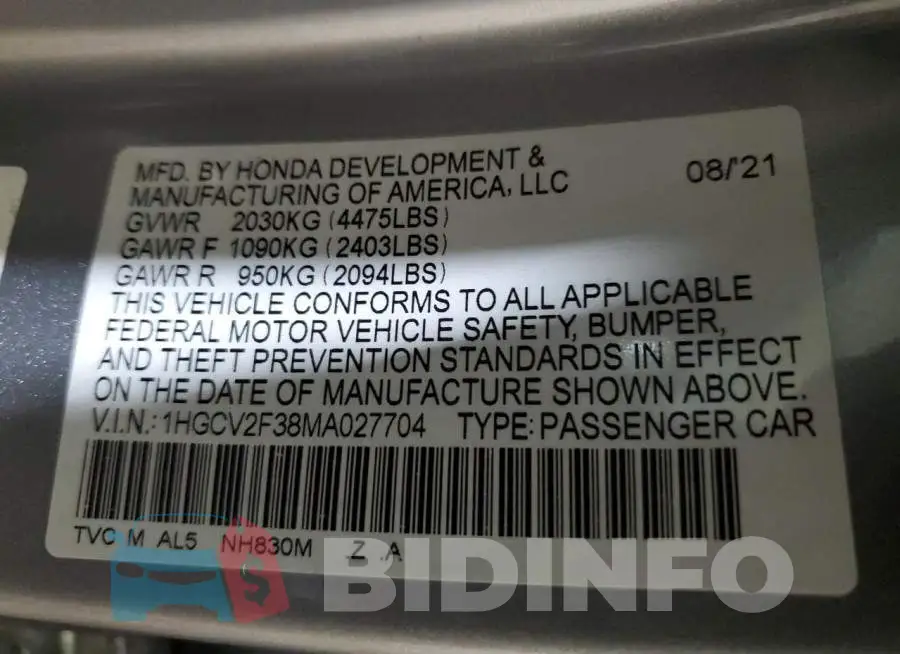 1HGCV2F38MA027704 Photo# 12