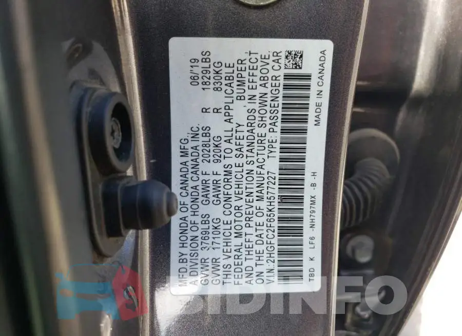 2HGFC2F65KH577227 Photo# 12
