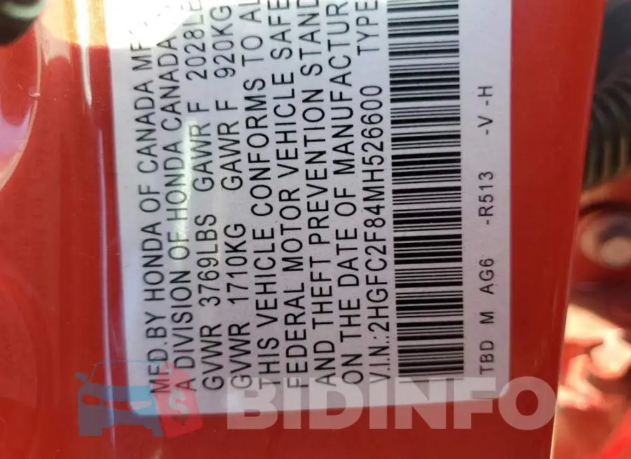 2HGFC2F84MH526600 Photo# 12