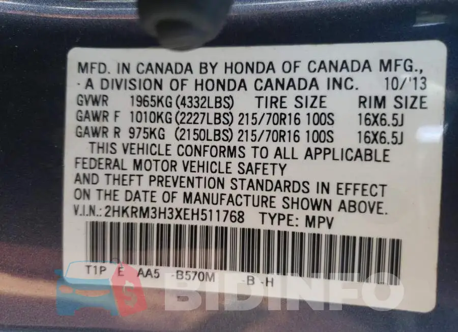 2HKRM3H3XEH511768 Photo# 13