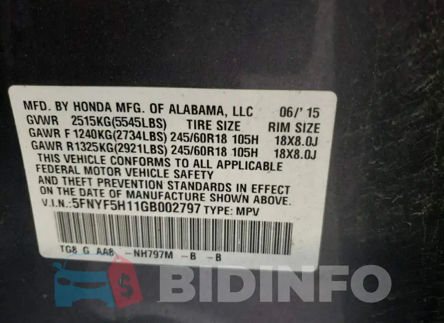5FNYF5H11GB002797 Photo# 12