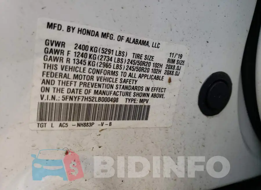 5FNYF7H52LB000498 Photo# 13