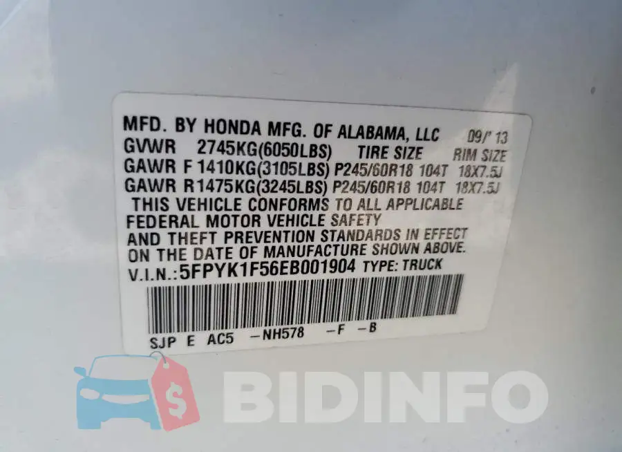 5FPYK1F56EB001904 Photo# 12