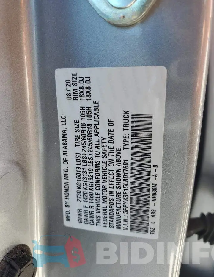 5FPYK3F15LB017601 Photo# 12