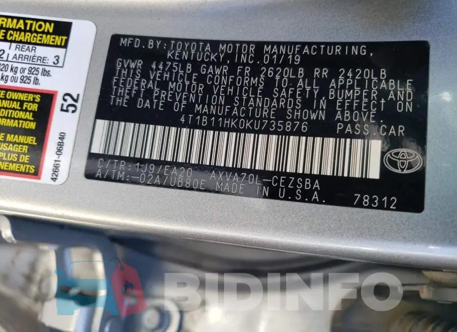 4T1B11HK0KU735876 Photo# 12