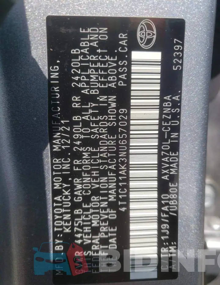 4T1C11AK3NU657029 Photo# 12