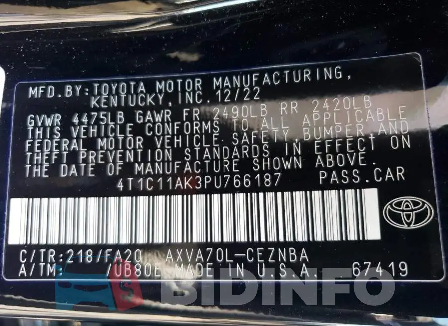 4T1C11AK3PU766187 Photo# 13