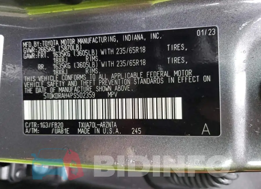 5TDKDRAH4PS502359 Photo# 13