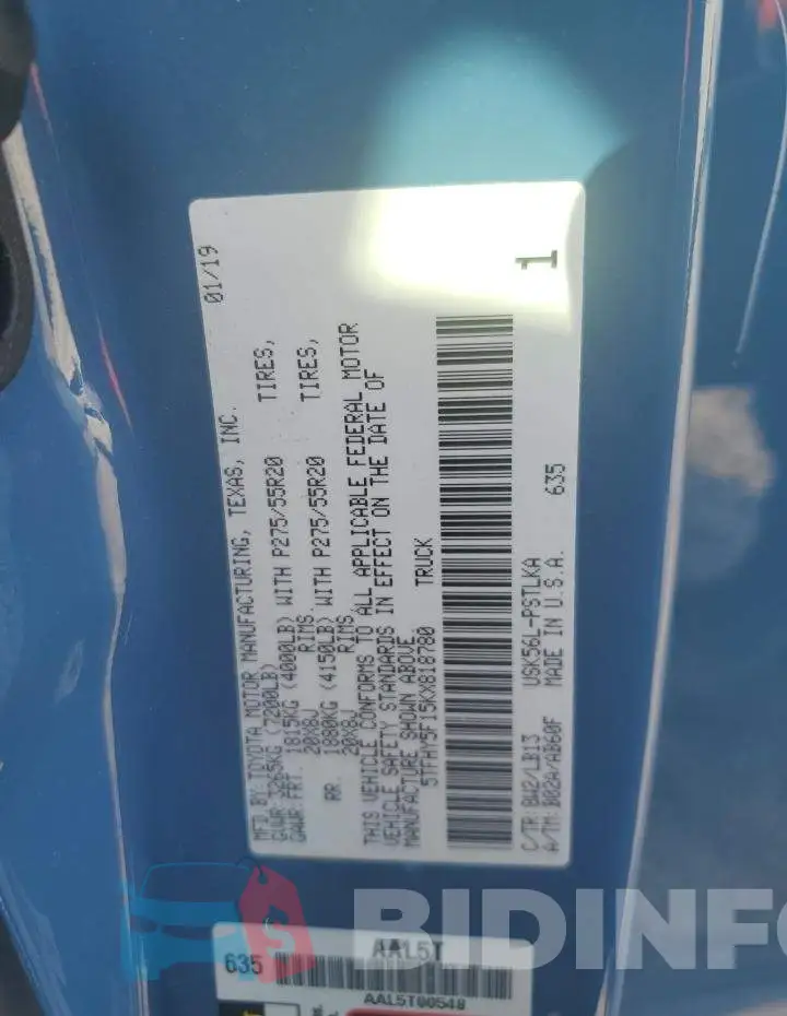 5TFHY5F15KX818780 Photo# 12