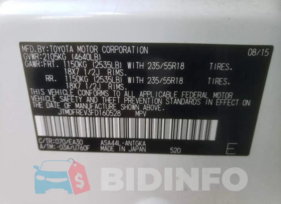 JTMDFREV3FD160528 Photo# 14