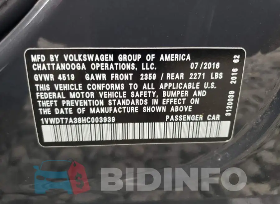 1VWDT7A38HC003939 Photo# 13