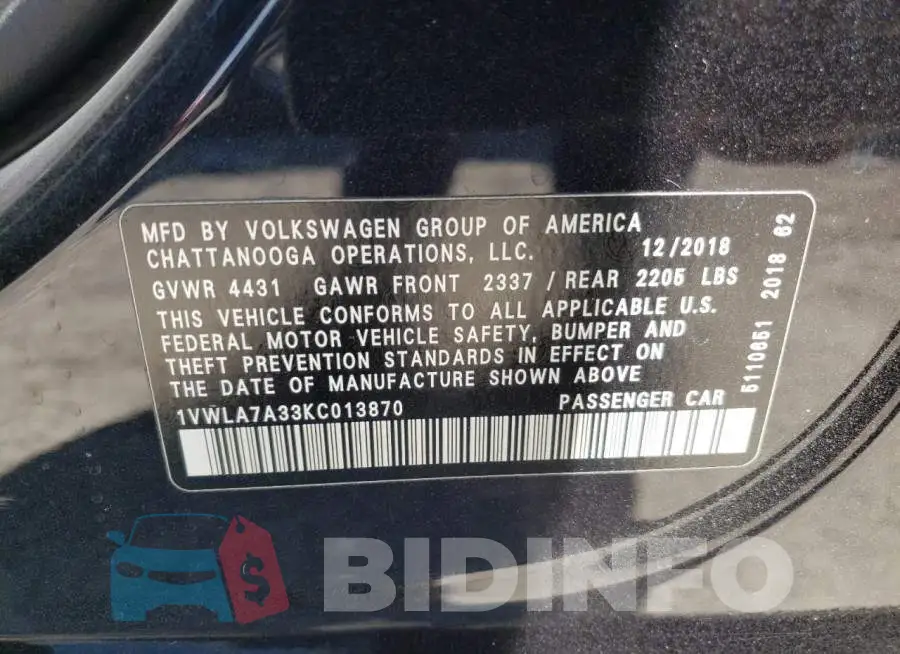 1VWLA7A33KC013870 Photo# 12