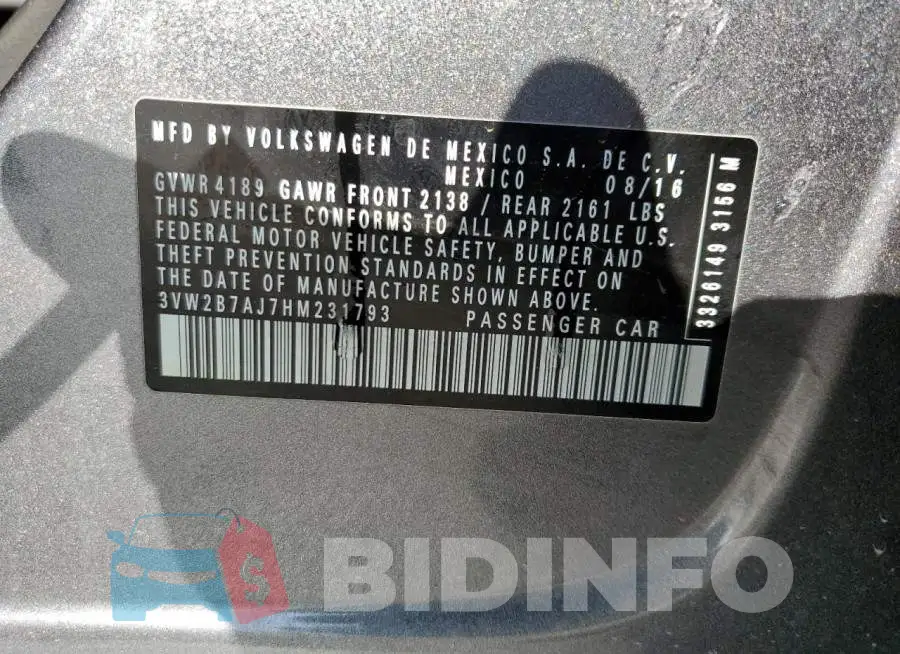 3VW2B7AJ7HM231793 Photo# 12