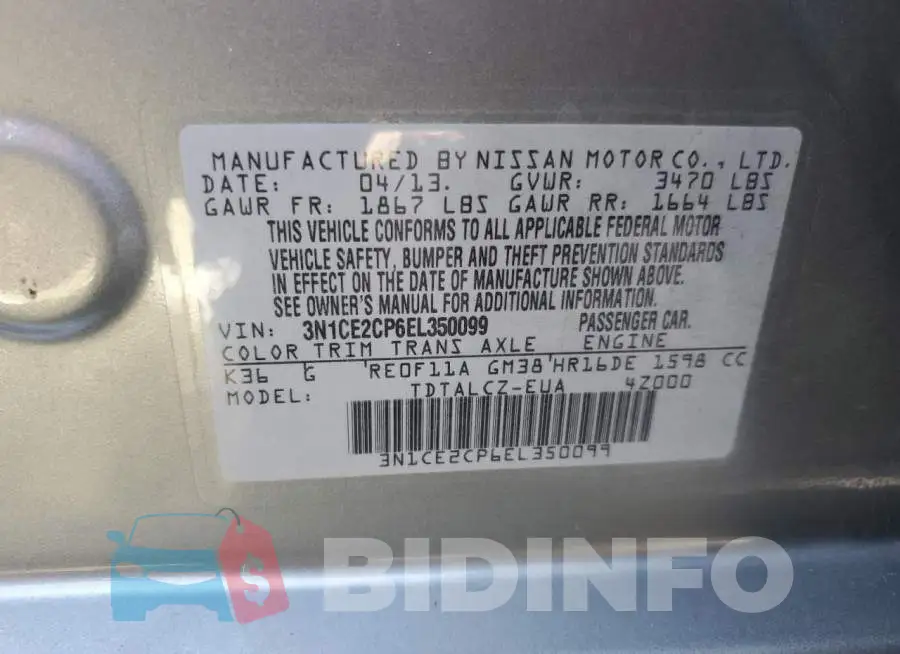 3N1CE2CP6EL350099 Photo# 12