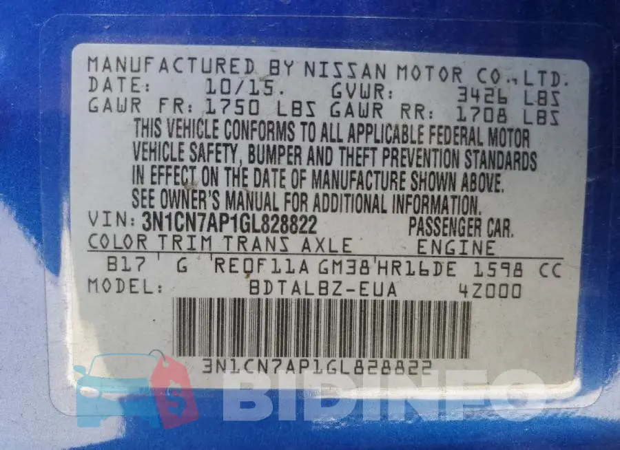 3N1CN7AP1GL828822 Photo# 12