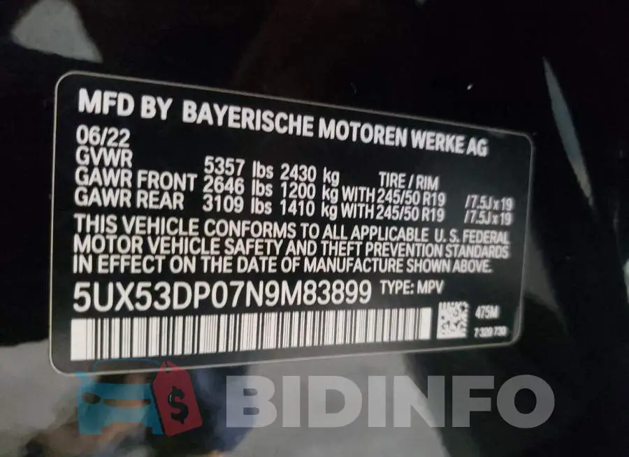 5UX53DP07N9M83899 Photo# 13