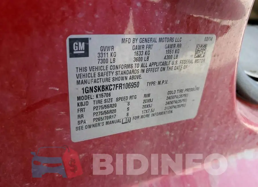 1GNSKBKC7FR106950 Photo# 14