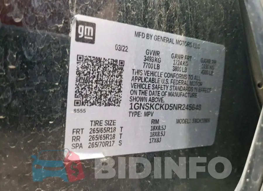 1GNSKCKD5NR245648 Photo# 14