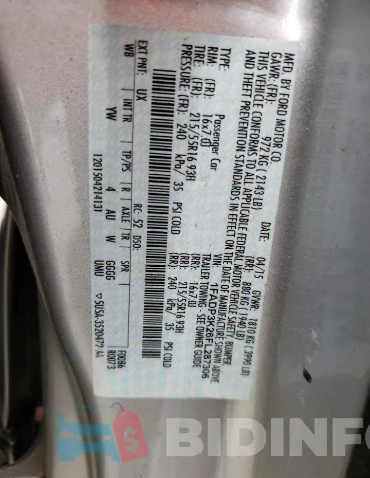 1FADP3K26FL287306 Photo# 10