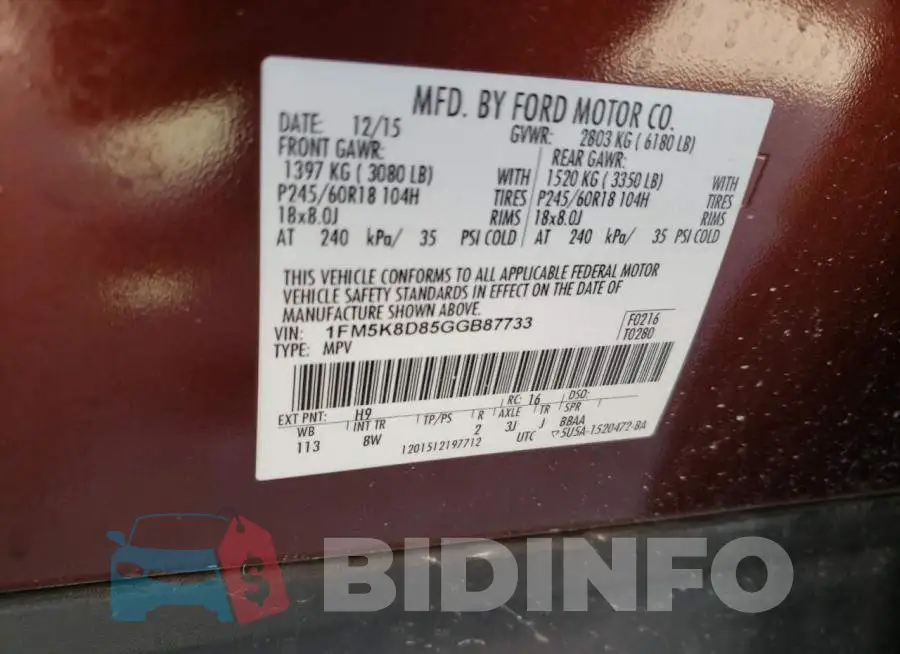 1FM5K8D85GGB87733 Photo# 13